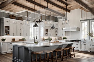 farmhouse-inspired modern kitchen with shiplap walls, a farmhouse sink, and rustic lighting fixtures