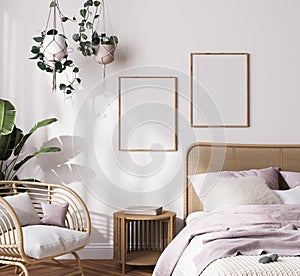Farmhouse interior bedroom, empty wall mockup in white room with wooden furniture and lots of green plants