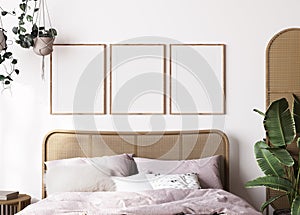 Farmhouse interior bedroom, empty wall mockup in white room with wooden furniture and lots of green plants