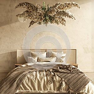 Farmhouse interior bedroom mockup. Bed with blanket and chandelier with dry flowers. 3d render illustration Scandi-Boho