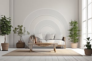 Farmhouse interior living room, empty wall mockup in white room with gray sofa, wooden furniture and green plant, 3d render. Gener