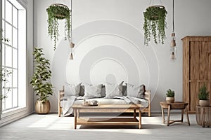 Farmhouse interior living room, empty wall mockup in white room with gray sofa, wooden furniture and green plant, 3d render. Gener