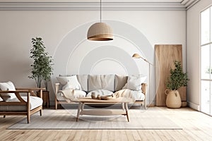 Farmhouse interior living room, empty wall mockup in white room with gray sofa, wooden furniture and green plant, 3d render. Gener