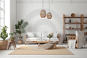 Farmhouse interior living room, empty wall mockup in white room with gray sofa, wooden furniture and green plant, 3d render. Gener