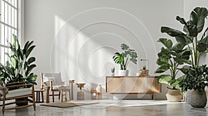 farmhouse interior living room, empty wall mockup in white room with wooden furniture. AI Generative