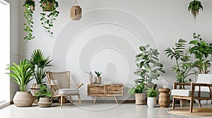 farmhouse interior living room, empty wall mockup in white room with wooden furniture. AI Generative