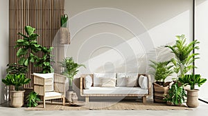 Farmhouse interior living room, empty wall mockup in white room with wooden furniture. AI Generative