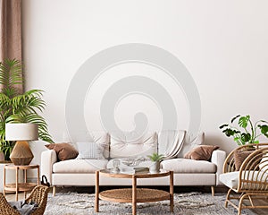 Farmhouse interior living room, empty wall mockup in white room with wooden furniture and lots of green plants