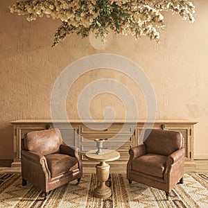 Farmhouse interior living room mockup with armchair, table and lamp with dry flowers. 3d render illustration boho style
