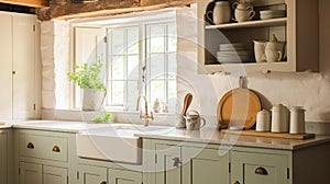 Farmhouse kitchen decor and interior design, English in frame kitchen cabinets in a country house, elegant cottage style