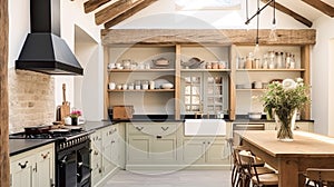 Farmhouse kitchen decor and interior design, English in frame kitchen cabinets, old wood in a country house, elegant cottage style