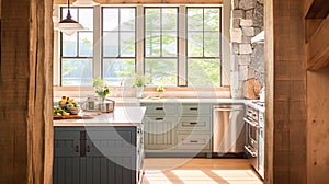 Farmhouse kitchen decor, interior design and furniture, English cottage kitchen cabinets and large window, country house