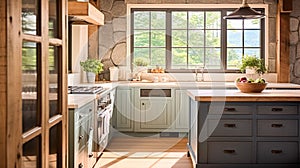 Farmhouse kitchen decor, interior design and furniture, English cottage kitchen cabinets and large window, country house