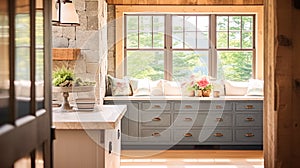 Farmhouse kitchen decor, interior design and furniture, English cottage kitchen cabinets and large window, country house
