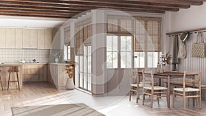 Farmhouse kitchen and dining room in white and beige tones. Bleached wooden cabinets, island with stools, table with chairs.