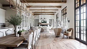 Farmhouse kitchen and dining room in white and beige tones , farmhouse interior. Generative Ai