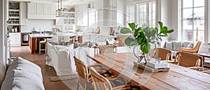 Farmhouse kitchen and dining room in white and beige tones , farmhouse interior. Generative Ai