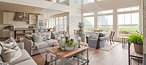 Farmhouse kitchen and dining room in white and beige tones , farmhouse interior. Generative Ai