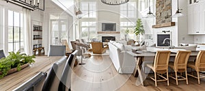 Farmhouse kitchen and dining room in white and beige tones , farmhouse interior. Generative Ai