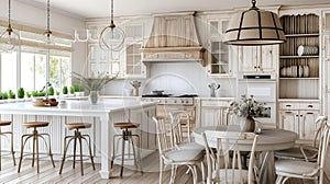 farmhouse kitchen and dining room in white and beige tones. Generative Ai