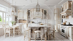 farmhouse kitchen and dining room in white and beige tones. Generative Ai