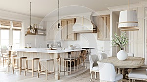farmhouse kitchen and dining room in white and beige tones. Generative Ai