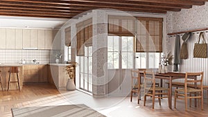 Farmhouse kitchen and dining room in white and beige tones. Wooden cabinets, island with stools, table with chairs. Modern