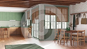 Farmhouse kitchen and dining room in white and green tones. Wooden cabinets, island with stools, table with chairs. Modern