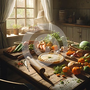 Farmhouse Kitchen Harvest: Fresh Pie and Garden Vegetables