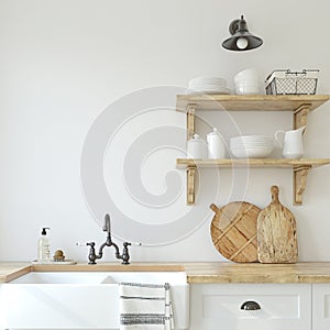 Farmhouse kitchen interior. Interior mockup. 3d render