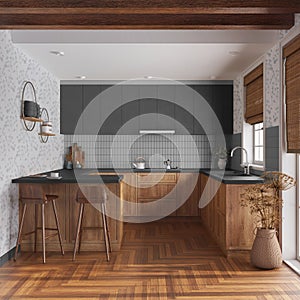 Farmhouse kitchen in white and gray tones. Wooden cabinets, island with stools, parquet floor. Modern interior design