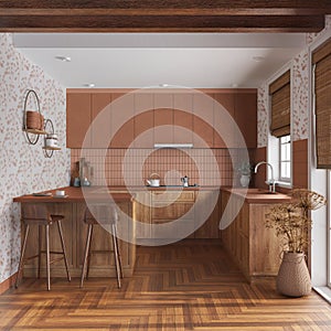 Farmhouse kitchen in white and orange tones. Wooden cabinets, island with stools, parquet floor. Modern interior design