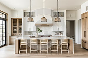 A farmhouse kitchen with white and white oak cabinets.