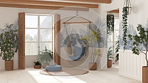 Farmhouse living room in Boho style, white and blue tones, potted plants and lace hanging chair. Window with wooden shutters and