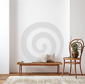 Farmhouse living room interior with wooden furniture, wall mockup