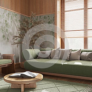 Farmhouse living room with wallpaper and wooden walls in green and beige tones. Parquet floor, fabric sofa, carpets and decors.