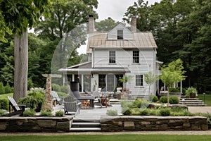 farmhouse with outdoor fireplace and lounge area, surrounded by lush greenery