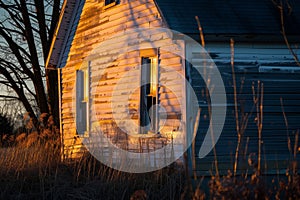 farmhouse at sunset, warm light on the faade photo