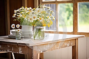 farmhouse table with a centrepiece of country daisies