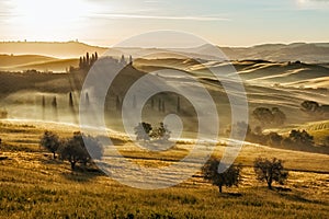 Farmhouse in Val d'Orcia after sunset, Tuscany, Italy