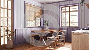 Farmhouse wooden dining room in white and purple tones. Cabinets and table with chair and bench. Wallpaper and parquet floor.