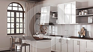 Farmhouse wooden kitchen in dark and beige tones with island and stools. Parquet, shelves and cabinets. Bohemian interior design