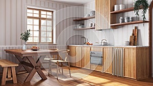 Farmhouse wooden kitchen and dining room in white and beige tones. Cabinets and table with chair. Wallpaper and parquet floor.