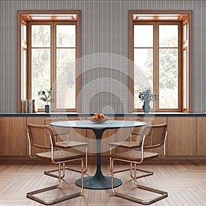 Farmhouse wooden kitchen with dining room in white and blue tones. Cabinets and table with chair. Wallpaper and parquet floor.