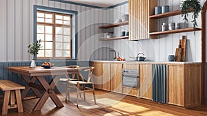 Farmhouse wooden kitchen and dining room in white and blue tones. Cabinets and table with chair. Wallpaper and parquet floor. Wabi