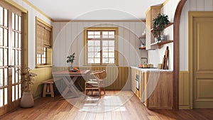 Farmhouse wooden kitchen with dining room in white and yellow tones. Cabinets and table with chair. Wallpaper and parquet floor.