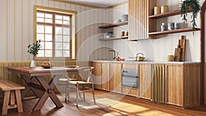 Farmhouse wooden kitchen and dining room in white and yellow tones. Cabinets and table with chair. Wallpaper and parquet floor.