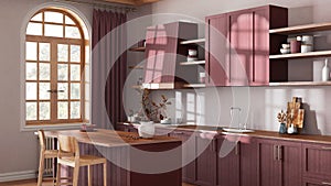 Farmhouse wooden kitchen in red and beige tones with island and stools. Parquet, shelves and cabinets. Bohemian interior design