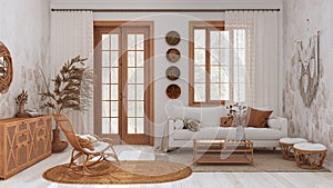 Farmhouse wooden living room in beige and white tones, Sofa, rattan chest of drawers, jute carpet and decors. Boho chic interior