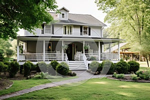 farmhouse with wrap-around porch, rocking chairs, and garden